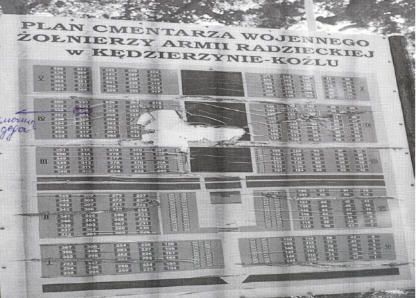 Схема Советского воинского кладбища в Польше, г. Кендзежине-Козле (Опольское воеводство) с отметкой места захоронения Ивана Михайловича