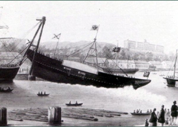 Спуск на воду фрегата «Рюрик». 1851 г. Википедия, изображение в статусе «Общественное достояние»